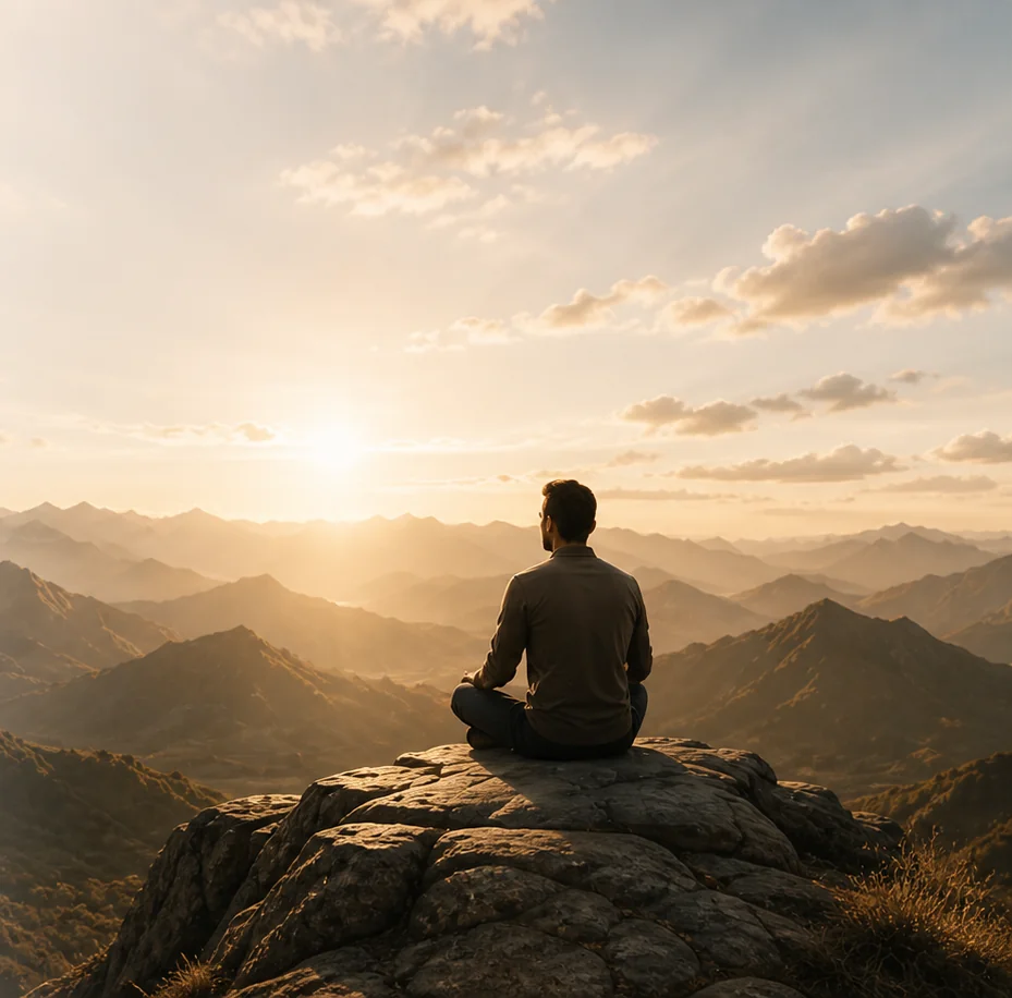 Man meditating on a mountain at sunrise